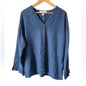 Josephine Chaus Linen Top Womens L Blue Button Front Side Slits 100% Linen NWOT